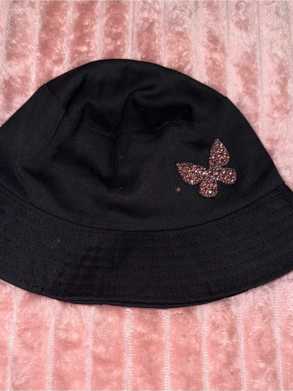 Kids Black Bucket Hat with Pink Rhinestone Butterfly Accent